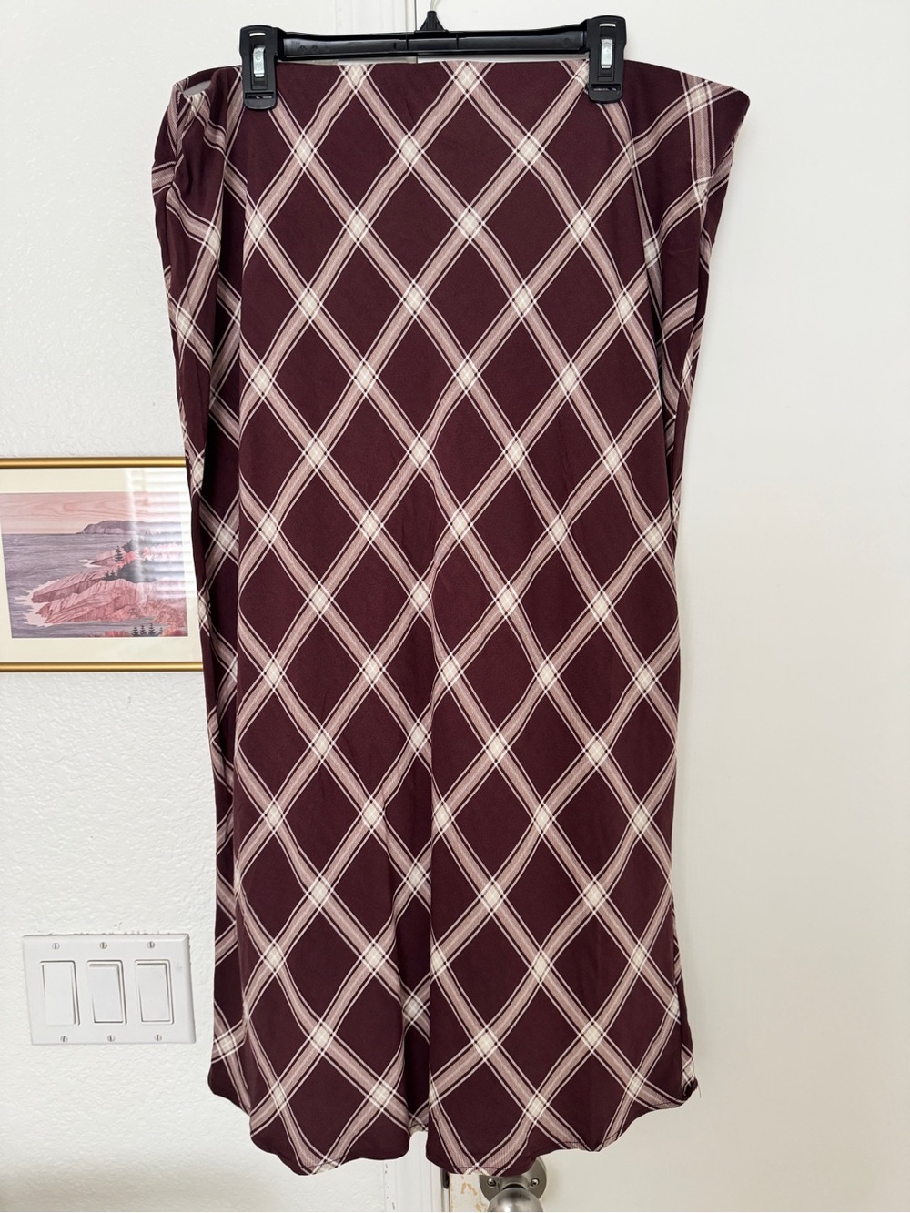 torrid Burgundy and Cream Diamond Plaid Midi Skirt